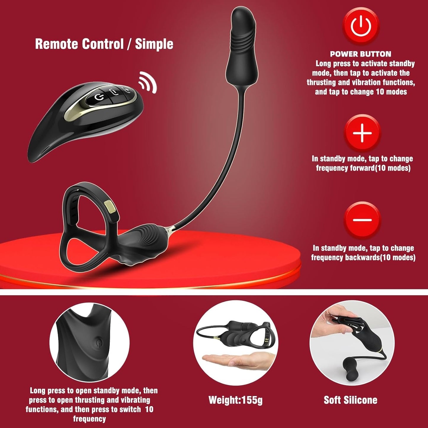 2 In 1 penis Ring thrusting anal Prostate Massager with Adjustable ring buckle