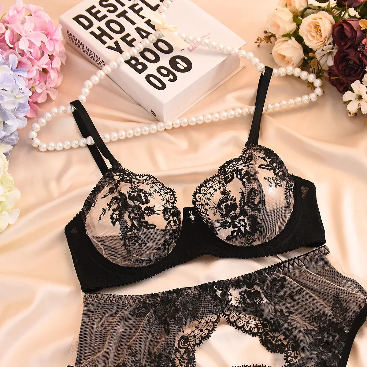 Midnight Charm Lace Lingerie Set (4-Piece)