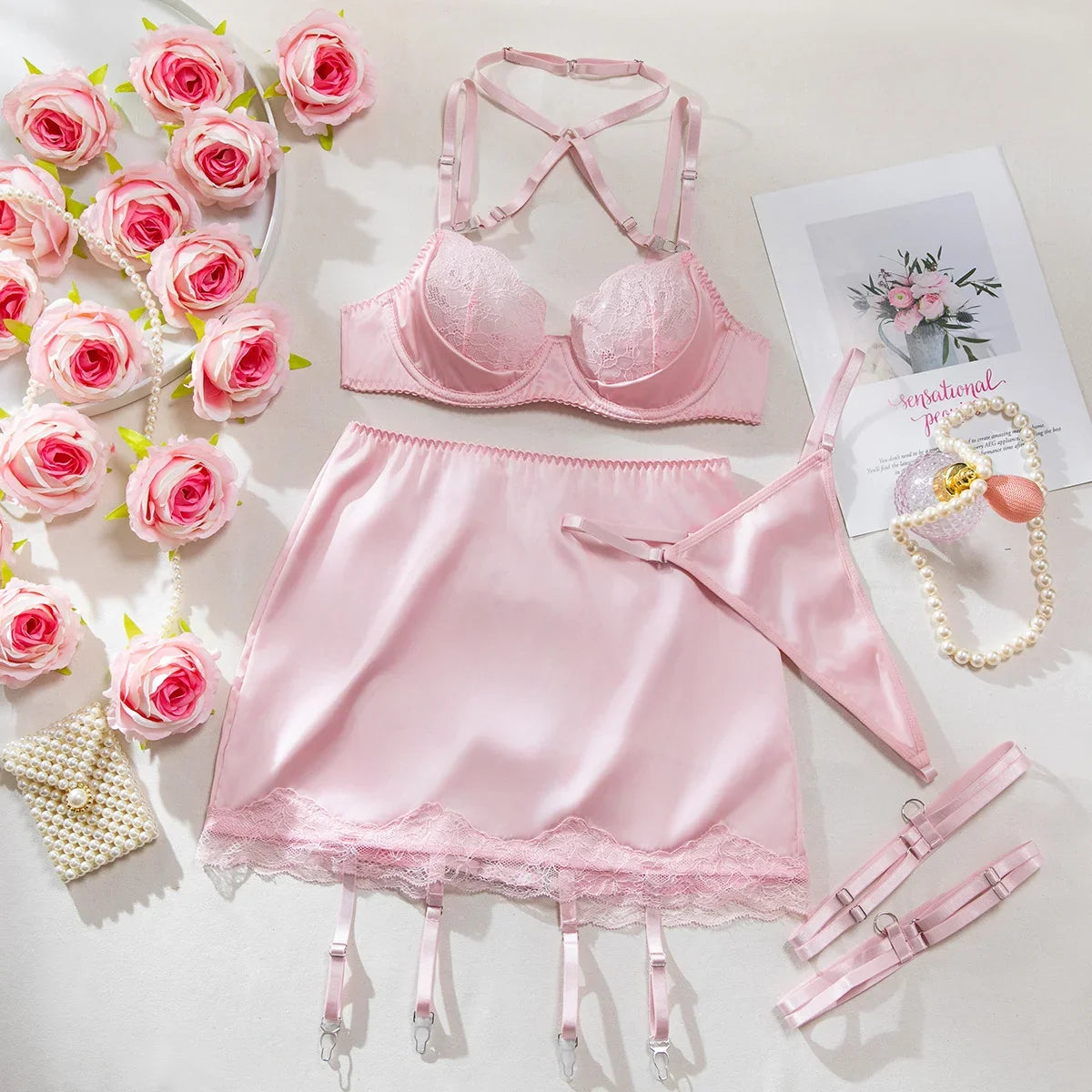 Angel Silk Satin Skirt & Lace Lingerie Set (3-Piece)