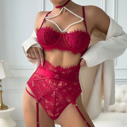 Aura Pearl Halter Lace Lingerie Set (3-Piece)
