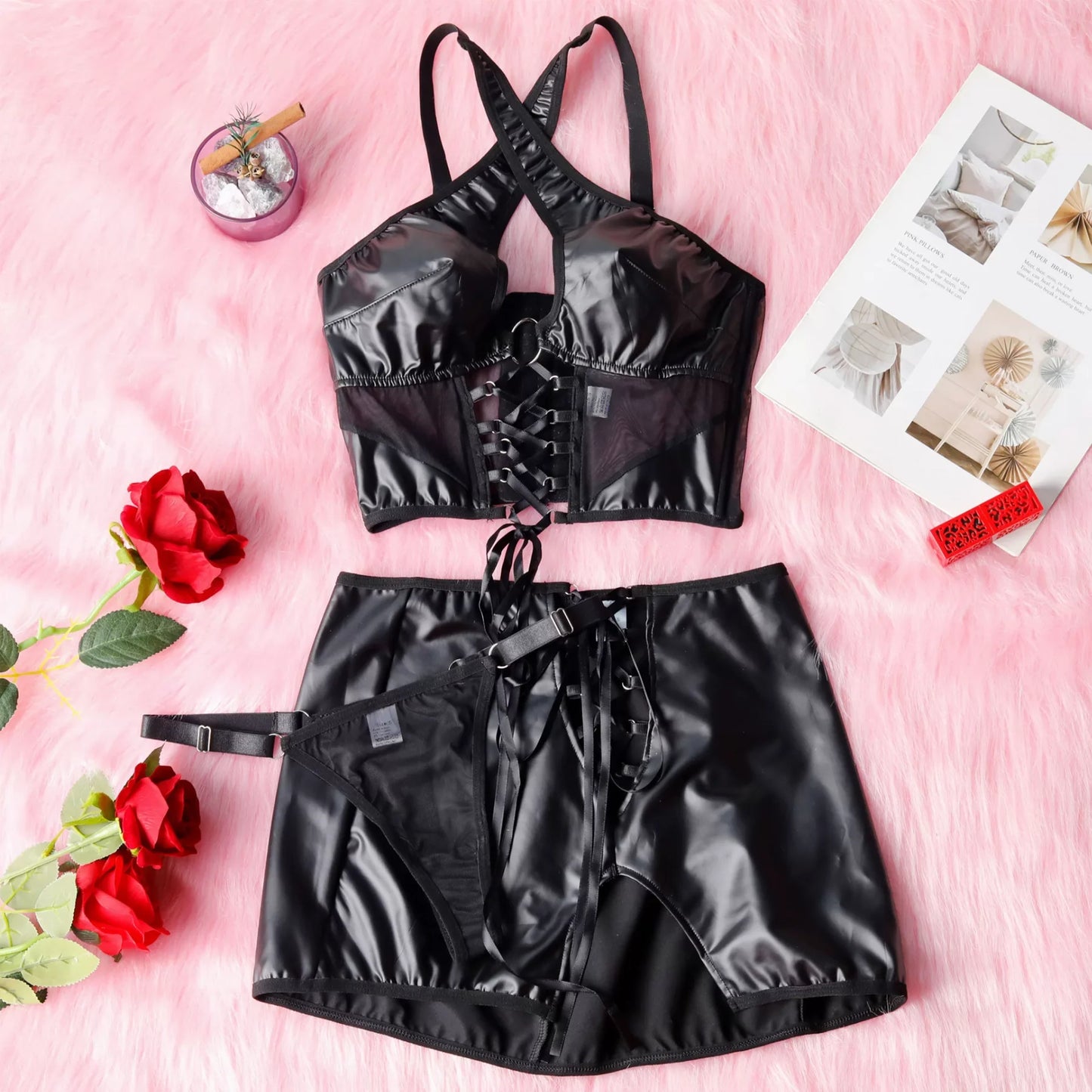 Fatale Cross-Neck Leather & Mesh Lingerie Set (2-Piece)