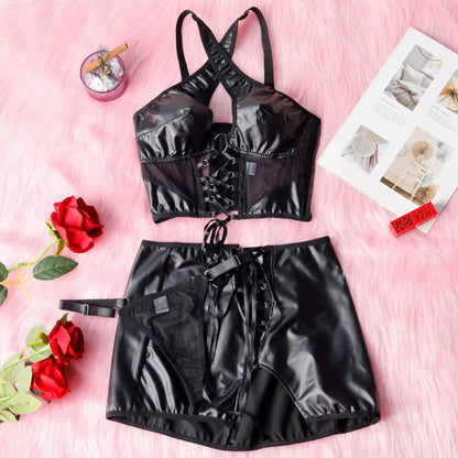 Fatale Cross-Neck Leather & Mesh Lingerie Set (2-Piece)