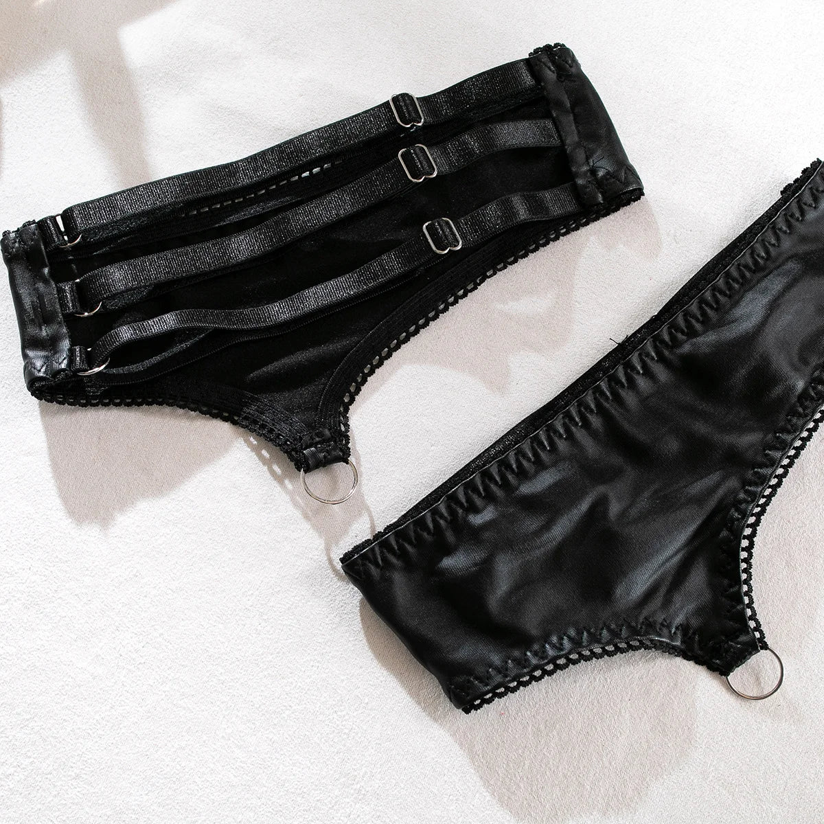 Fatale Sleek Leather Exposed-Underwire Lingerie Set (3-Piece)