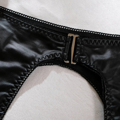 Fatale Sleek Leather Exposed-Underwire Lingerie Set (3-Piece)