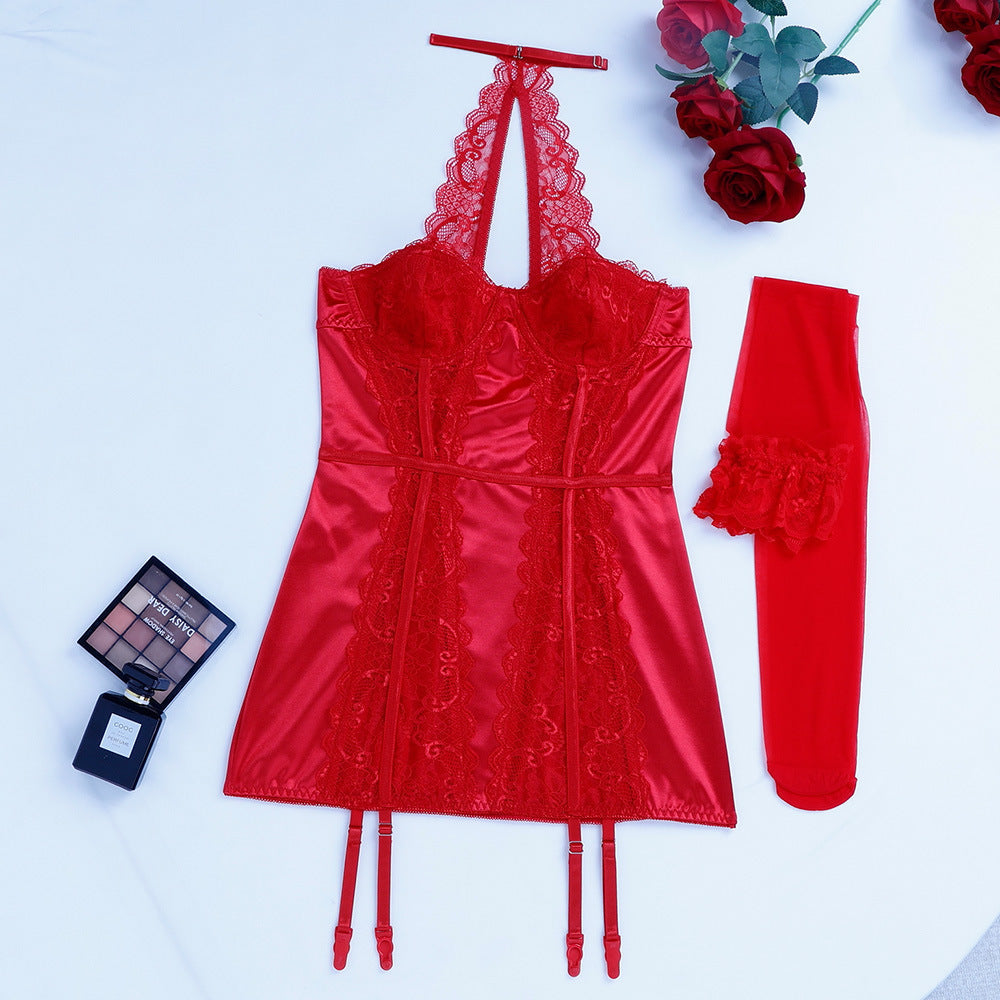 French Kiss Satin & Lace Halter Corset Dress Set (2-Piece)