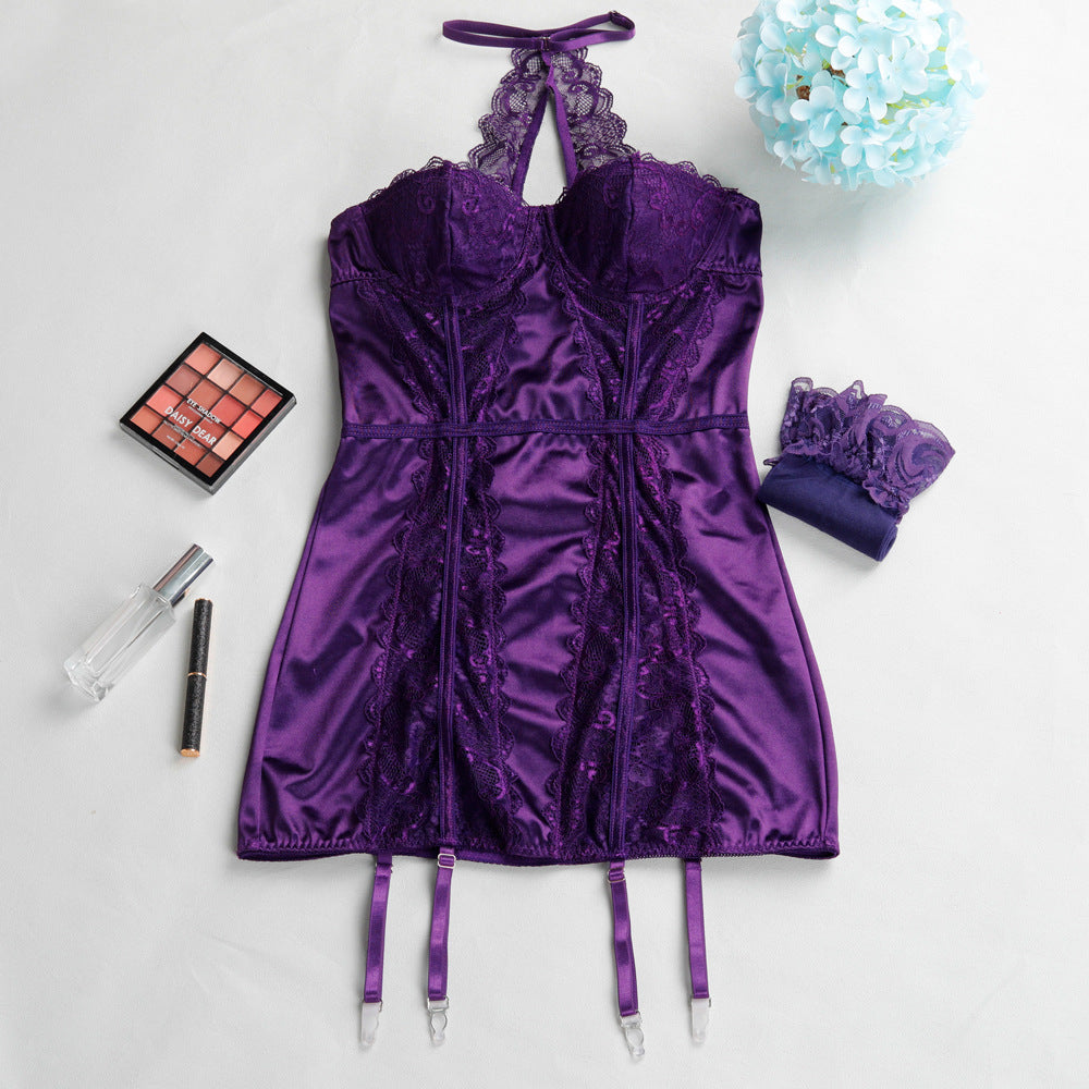 French Kiss Satin & Lace Halter Corset Dress Set (2-Piece)