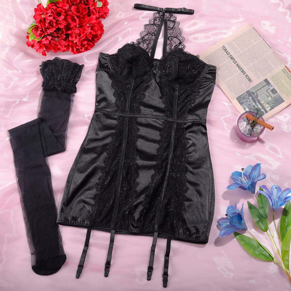 French Kiss Satin & Lace Halter Corset Dress Set (2-Piece)