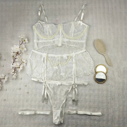 French Style Pearl Lace Luxury Lingerie Set