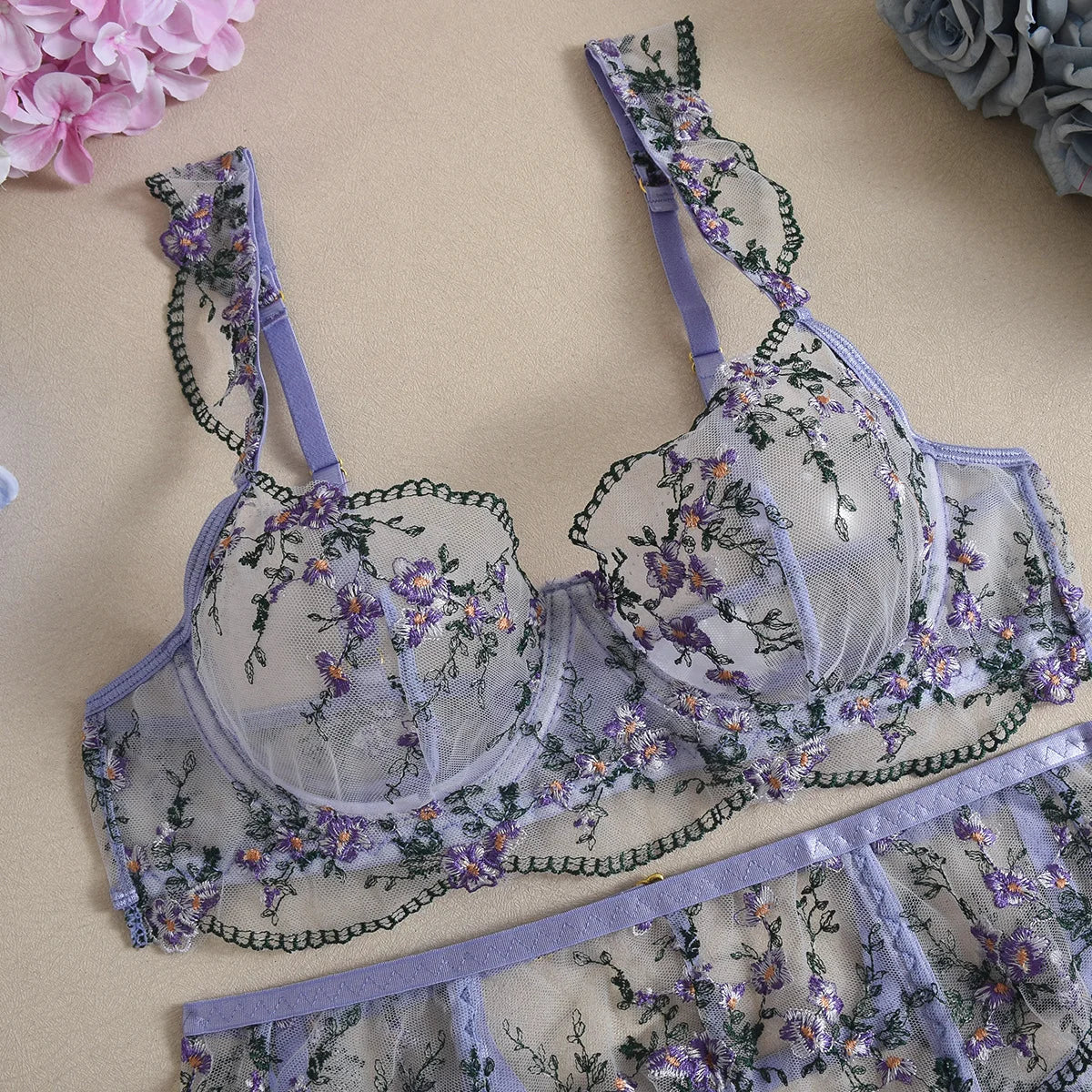 Lavender Breeze Embroidery Lingerie (3-Piece)