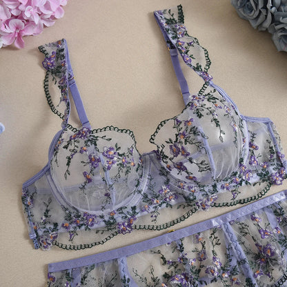 Lavender Breeze Embroidery Lingerie (3-Piece)