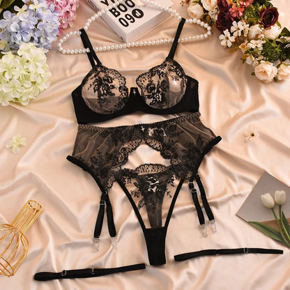 Midnight Charm Lace Lingerie Set (4-Piece)