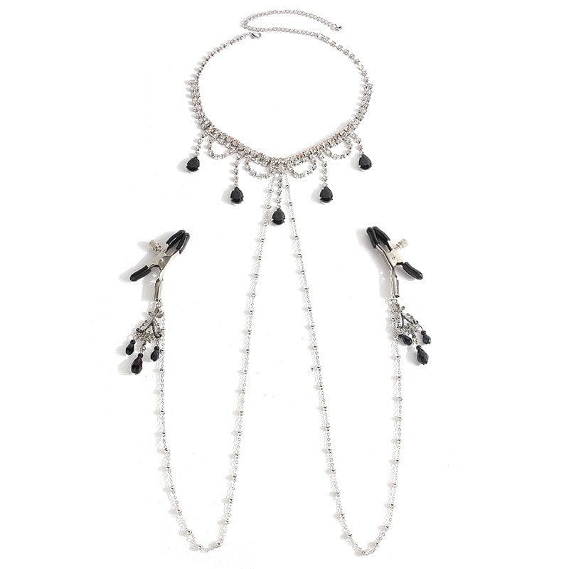 Exquisite Black Gem Diamond Choker with Nipple Clamps