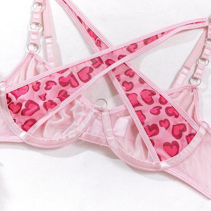 Pink Cyber Heart Lingerie Set with Gloves & Chains (4-Piece)