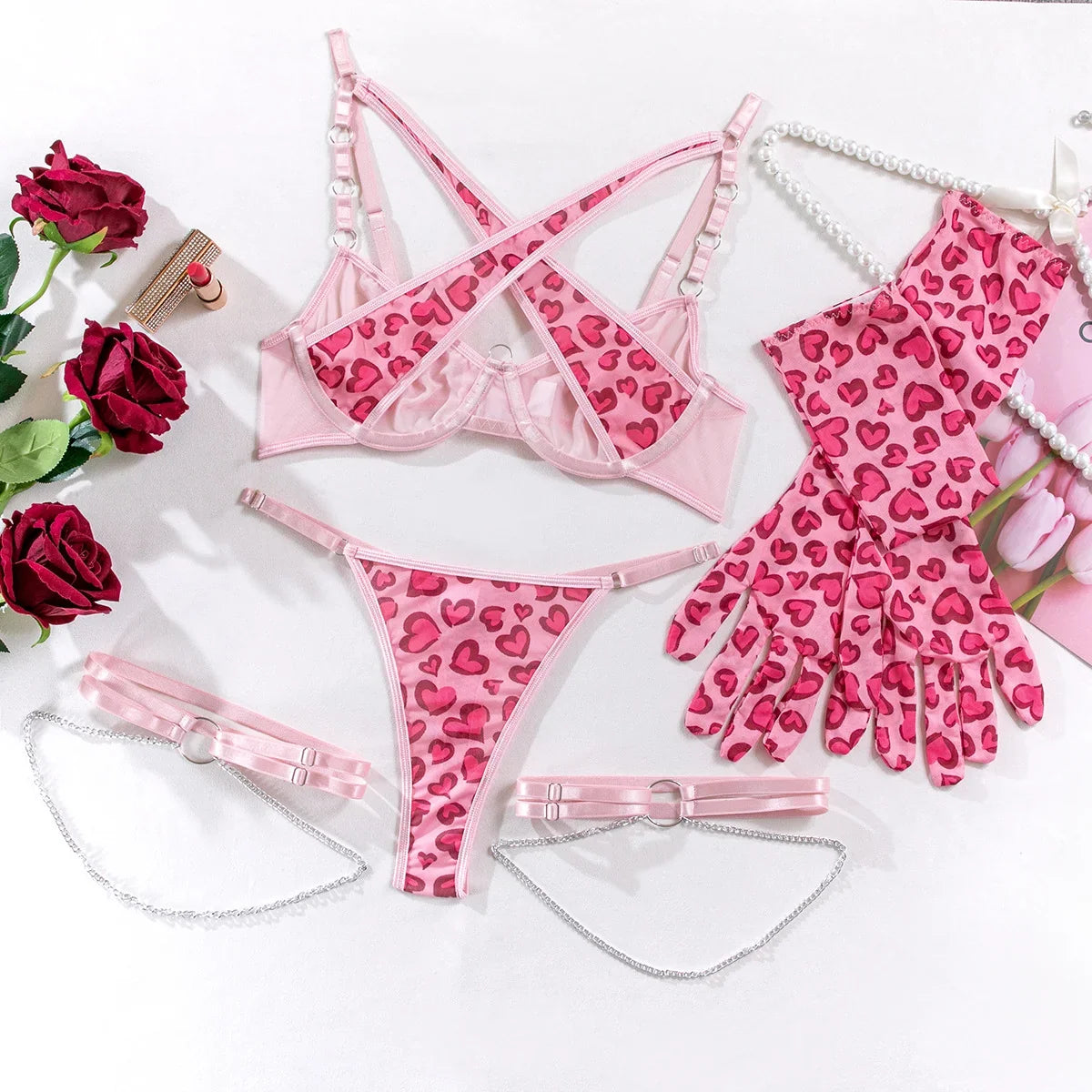 Pink Cyber Heart Lingerie Set with Gloves & Chains (4-Piece)