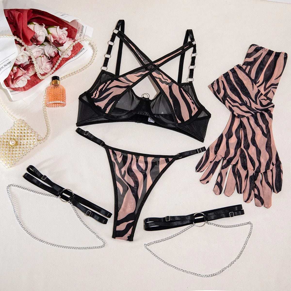 Pink Cyber Heart Lingerie Set with Gloves & Chains (4-Piece)
