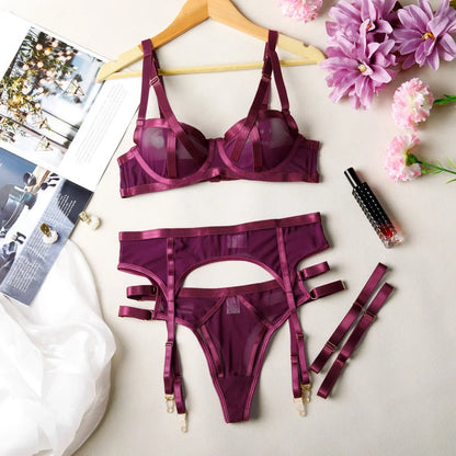 Plum Desire Geometric Mesh Lingerie Set (3-Piece)