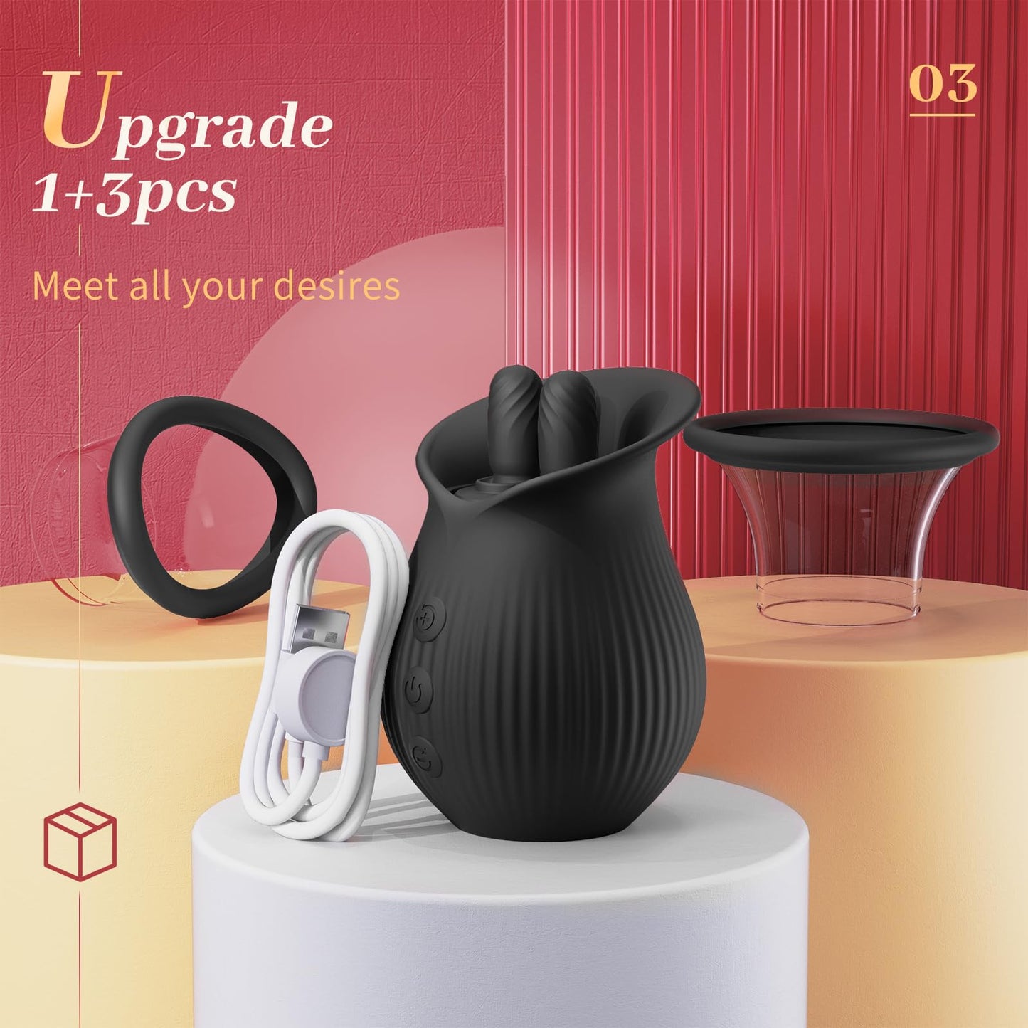 Lurevibe - Rose Romeo - 3in1 Rose Sex Toy with 2 Suction Cups Adult Toys Female Clitoral Nipple Vibrators with 10 Licking Sucking Vibrating