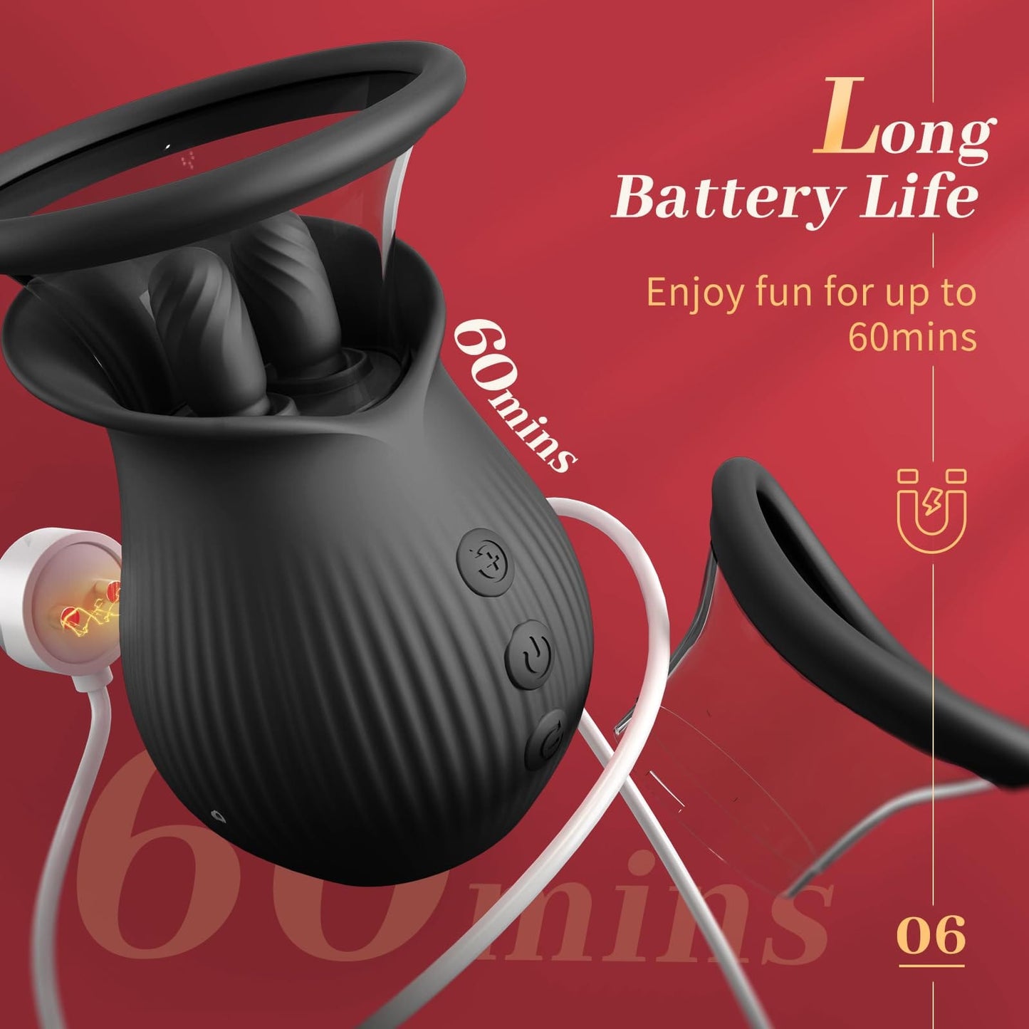 Lurevibe - Rose Romeo - 3in1 Rose Sex Toy with 2 Suction Cups Adult Toys Female Clitoral Nipple Vibrators with 10 Licking Sucking Vibrating