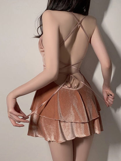 Velvet Layered Suspenders Sexy Nightdress