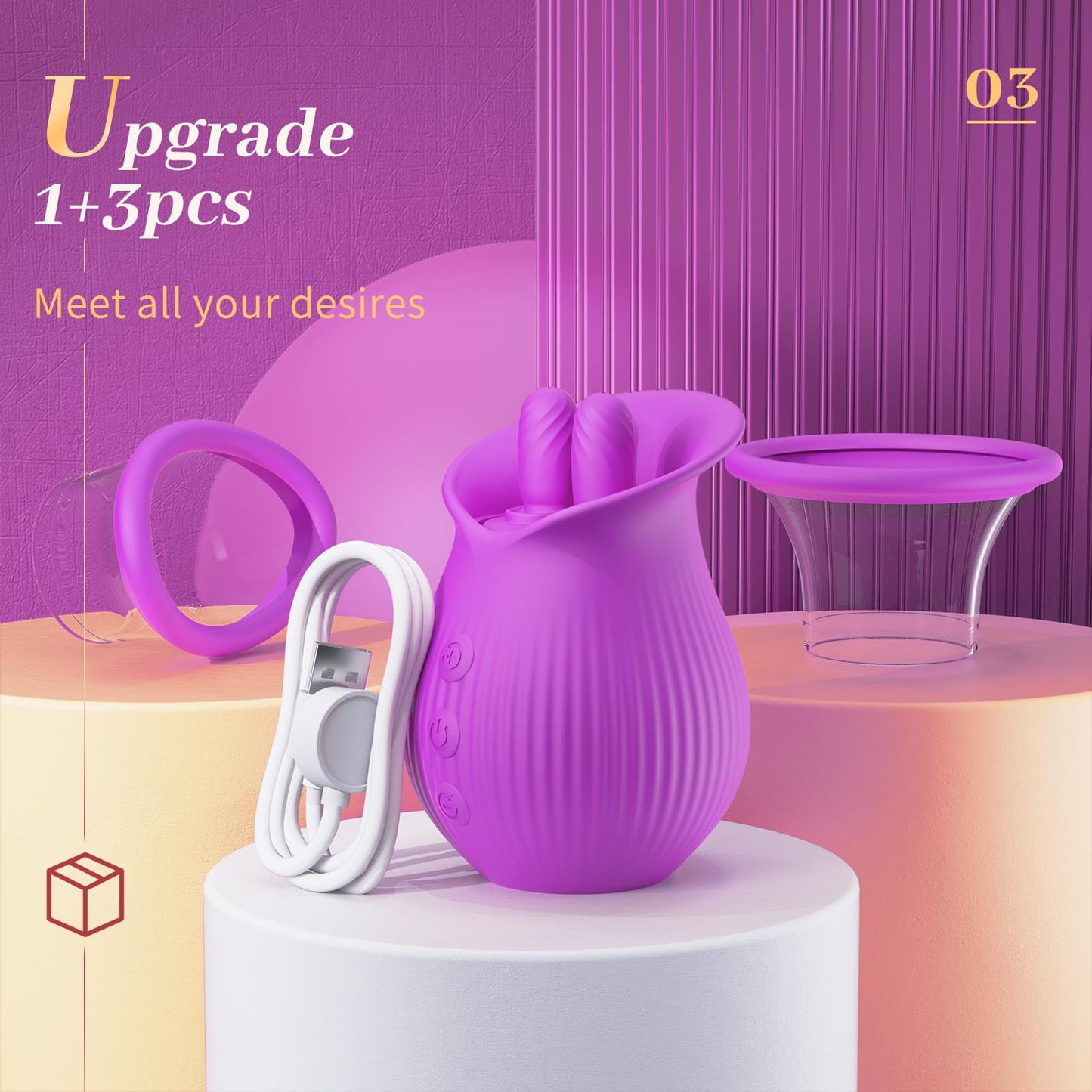 Lurevibe - Rose Romeo - 3in1 Rose Sex Toy with 2 Suction Cups Adult Toys Female Clitoral Nipple Vibrators with 10 Licking Sucking Vibrating
