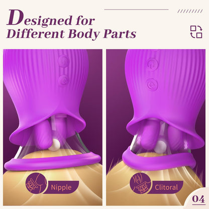 Lurevibe - Rose Romeo - 3in1 Rose Sex Toy with 2 Suction Cups Adult Toys Female Clitoral Nipple Vibrators with 10 Licking Sucking Vibrating