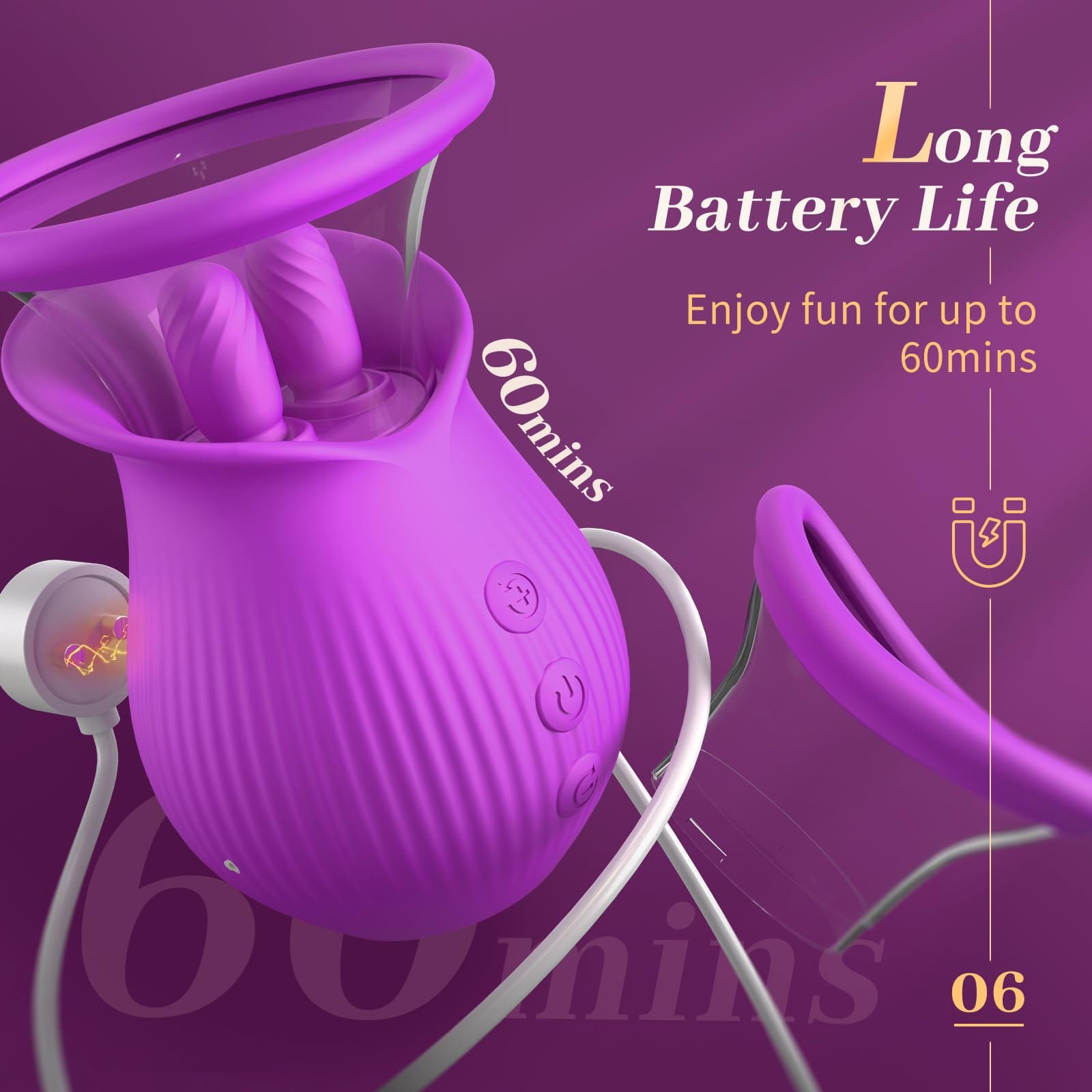 Lurevibe - Rose Romeo - 3in1 Rose Sex Toy with 2 Suction Cups Adult Toys Female Clitoral Nipple Vibrators with 10 Licking Sucking Vibrating