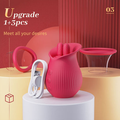 Lurevibe - Rose Romeo - 3in1 Rose Sex Toy with 2 Suction Cups Adult Toys Female Clitoral Nipple Vibrators with 10 Licking Sucking Vibrating