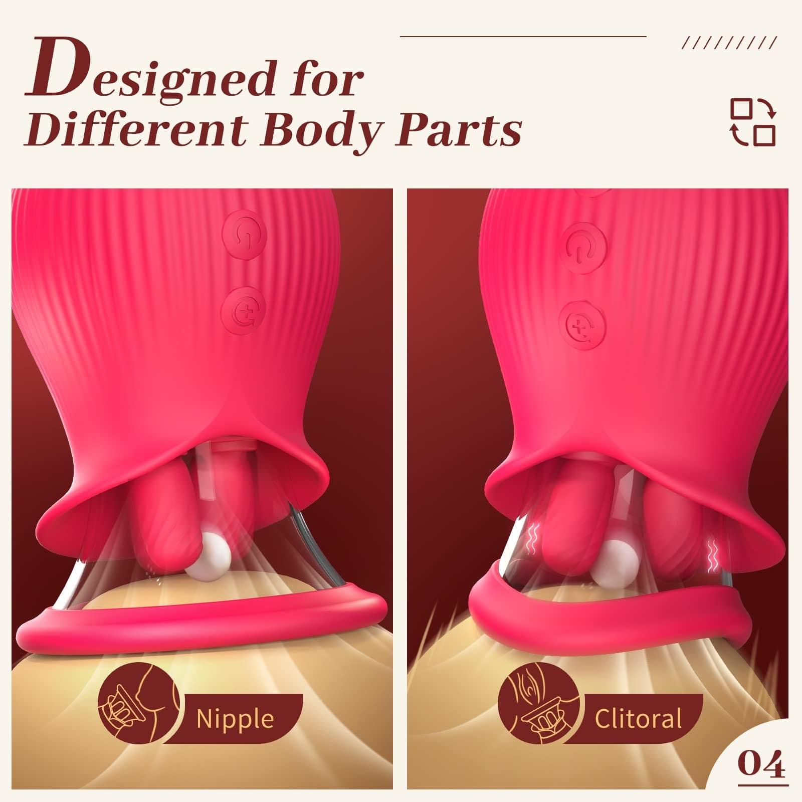 Lurevibe - Rose Romeo - 3in1 Rose Sex Toy with 2 Suction Cups Adult Toys Female Clitoral Nipple Vibrators with 10 Licking Sucking Vibrating