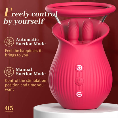 Lurevibe - Rose Romeo - 3in1 Rose Sex Toy with 2 Suction Cups Adult Toys Female Clitoral Nipple Vibrators with 10 Licking Sucking Vibrating