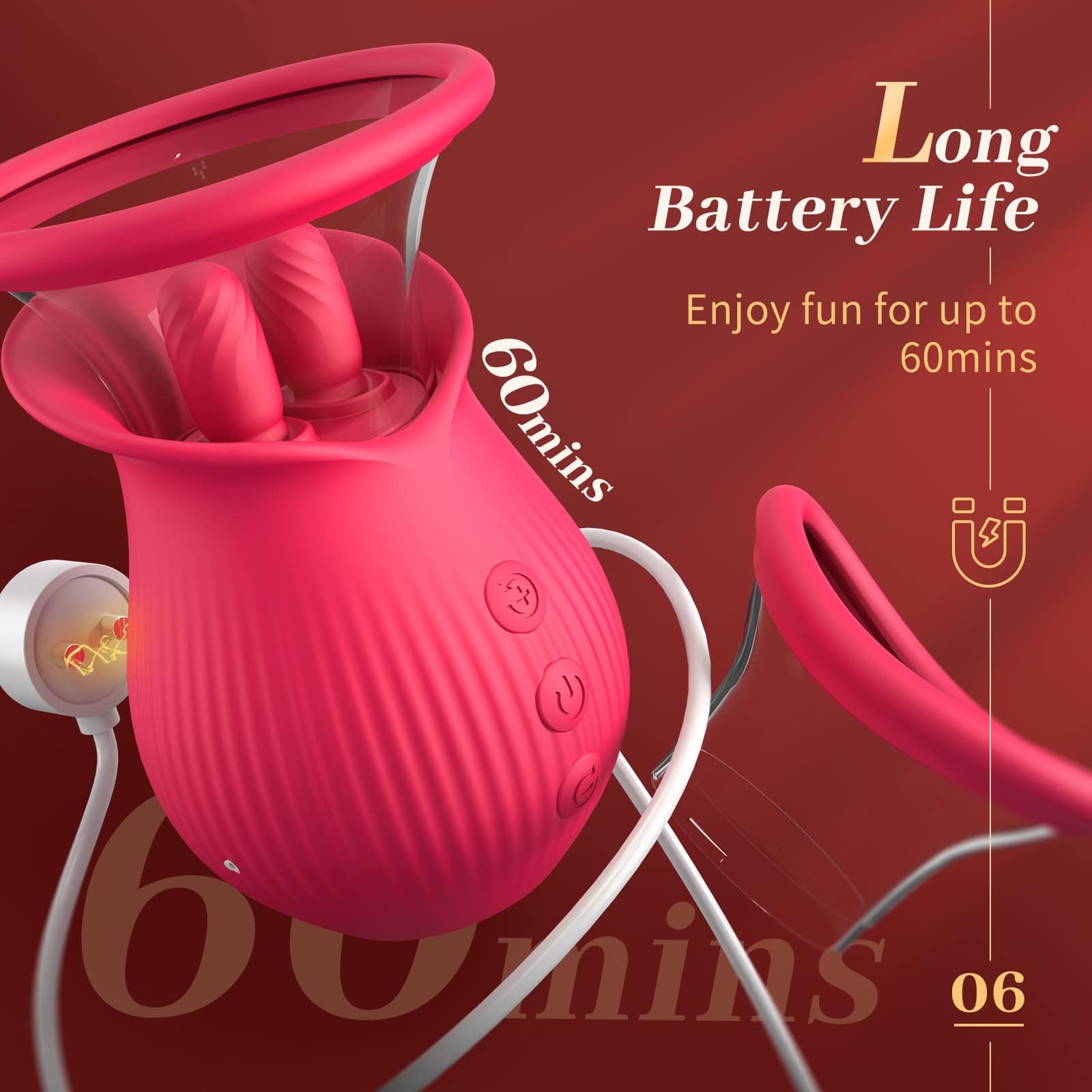 Lurevibe - Rose Romeo - 3in1 Rose Sex Toy with 2 Suction Cups Adult Toys Female Clitoral Nipple Vibrators with 10 Licking Sucking Vibrating